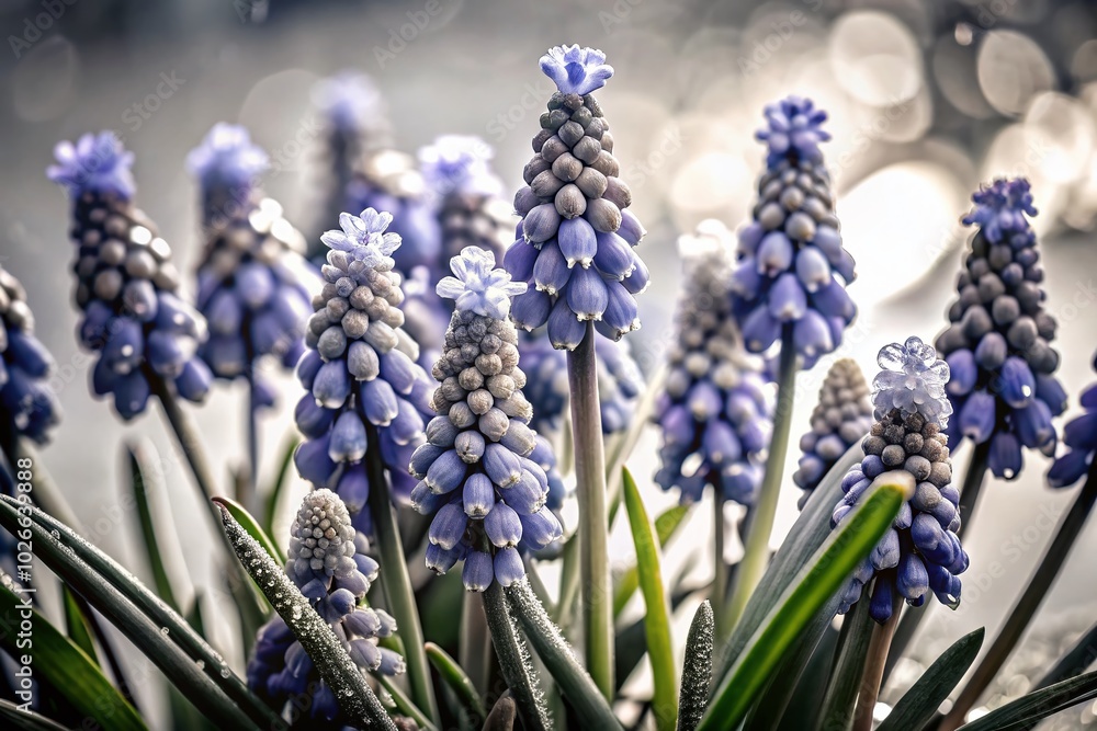 Fototapeta premium Ethereal Spring Grape Hyacinth in Low Light - Beautiful Muscari Blooms for Nature Lovers
