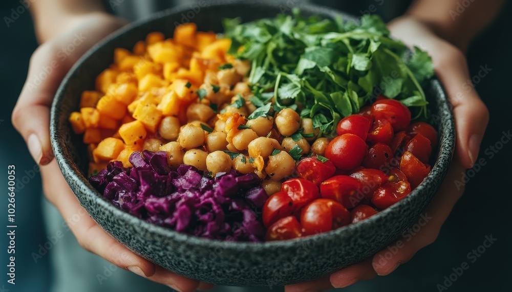 Colorful vegan Buddha bowl with fresh vegetables and chickpeas during midday meal Colorful vegan Buddha bowl with fresh vegetables and chickpeas during midday meal