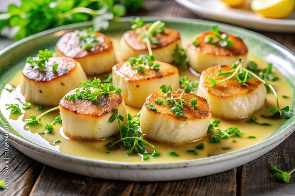 Enjoy seared scallops drizzled with rich butter sauce and fresh herbs. Generative AI Enjoy seared scallops drizzled with rich butter sauce and fresh herbs. Generative AI