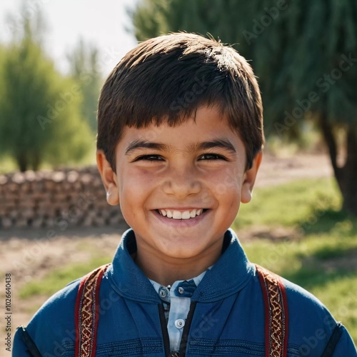 A smiling Tajik boy 5 years old beams with happiness, enjoying the beauty of a sunny day outdoors. His cheerful expression reflects moment of pure joy and innocence. Happy smiling child. AI generated