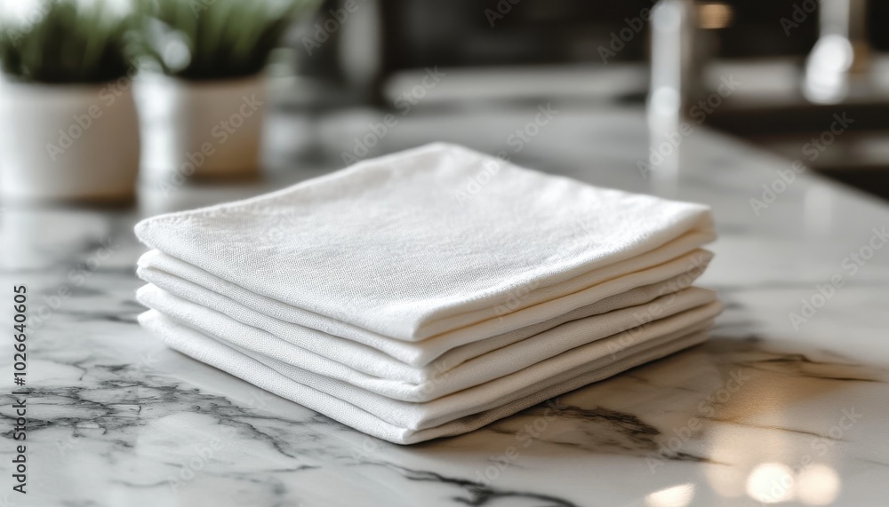 Crisp white napkin mockup organized neatly on a marble kitchen counter Crisp white napkin mockup organized neatly on a marble kitchen counter