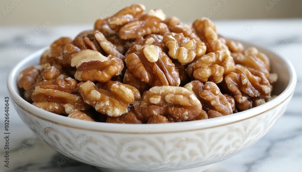 Raw walnuts in a decorative bowl on a marble countertop, perfect for snacking Raw walnuts in a decorative bowl on a marble countertop, perfect for snacking