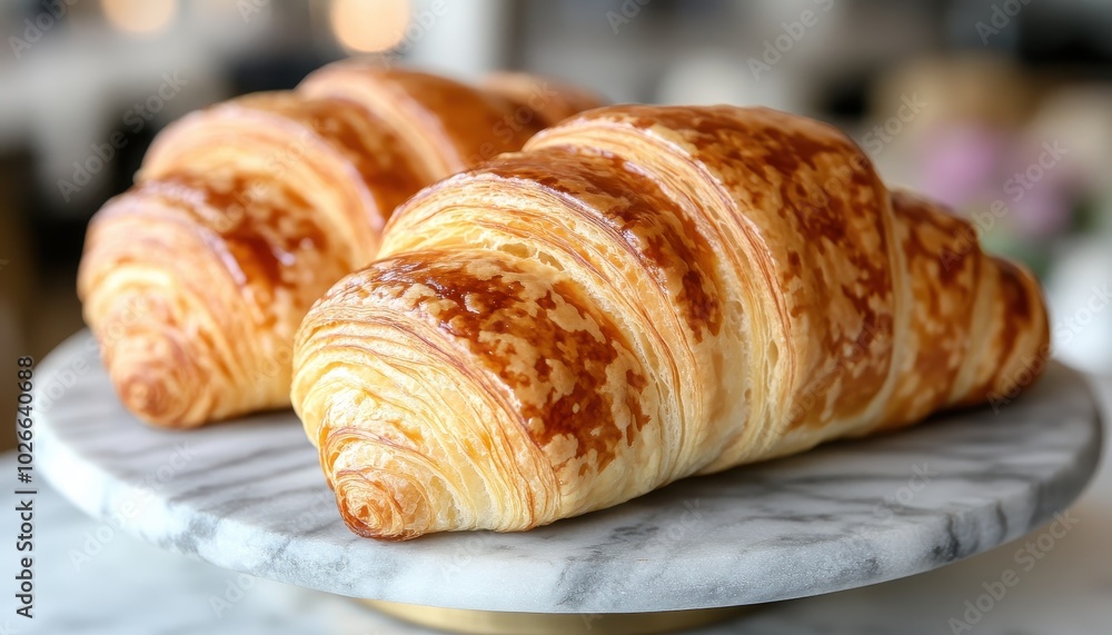 Buttery and flaky croissants arranged on a marble serving platter at a café Buttery and flaky croissants arranged on a marble serving platter at a café