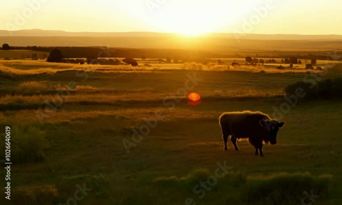 Wallpaper Mural shot with warm, soft light: The camera starts by rising from the grasslands to reveal a majestic bison grazing peacefully. Warm, soft light from the setting sun highlights the bison’s massive form and Torontodigital.ca