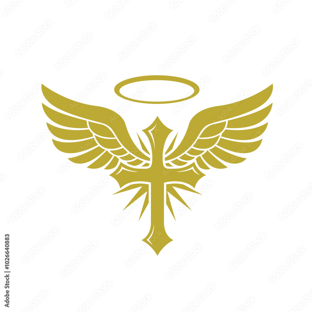 icon of golden cross and wings isolated on white background icon of golden cross and wings isolated on white background