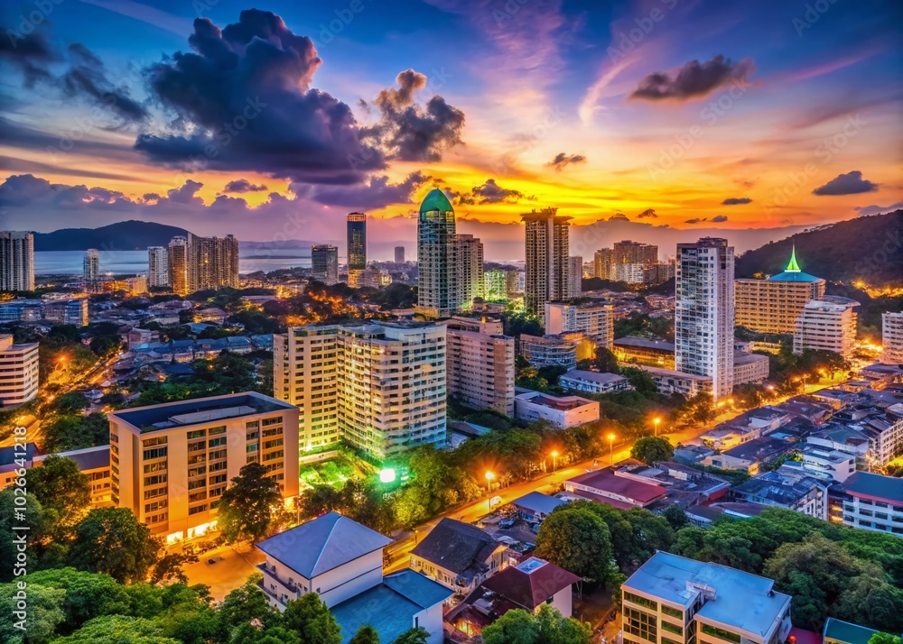 Fototapeta premium Experience the dazzling Phuket skyline at night, where vibrant colors illuminate modern architecture, inviting travelers to savor the island's lively