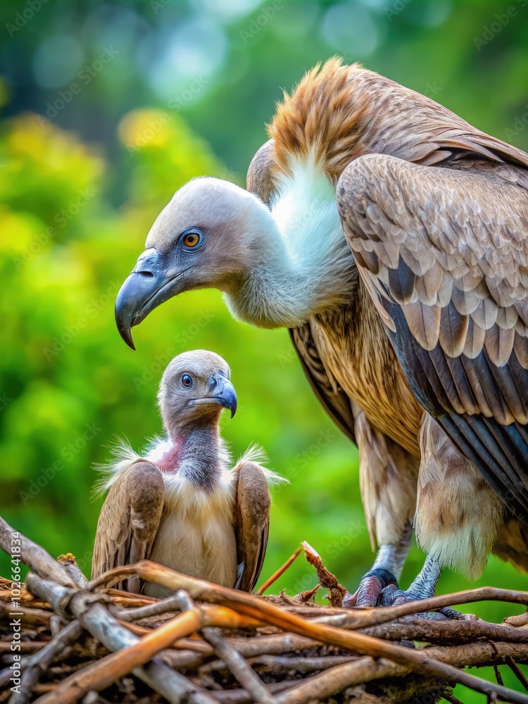 Vultures nurturing their young in a nest made of twigs in a lush environment. Generative AI Vultures nurturing their young in a nest made of twigs in a lush environment. Generative AI