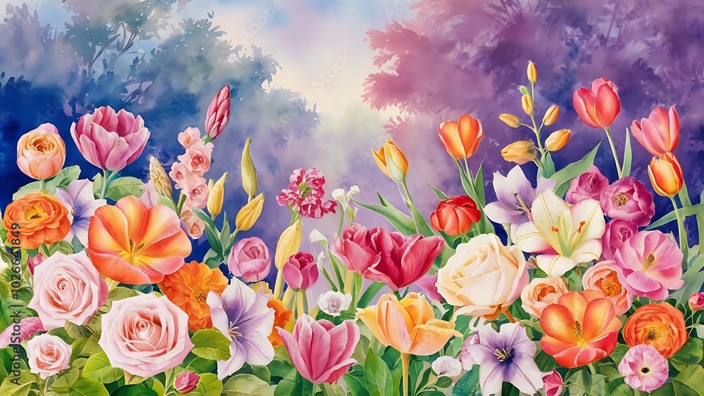 Watercolor background with many flowers Watercolor background with many flowers