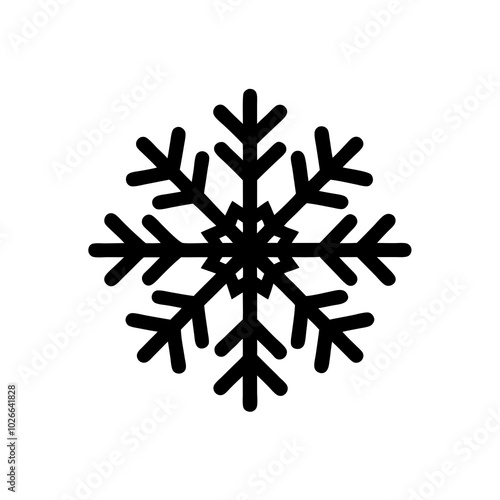 a black snowflake icon on a white background. The snowflake has a symmetrical design with six branches, each branch having smaller offshoots, giving it a classic snowflake appearance.