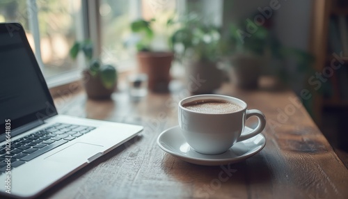 A remote customer support agent works from home with coffee on the desk