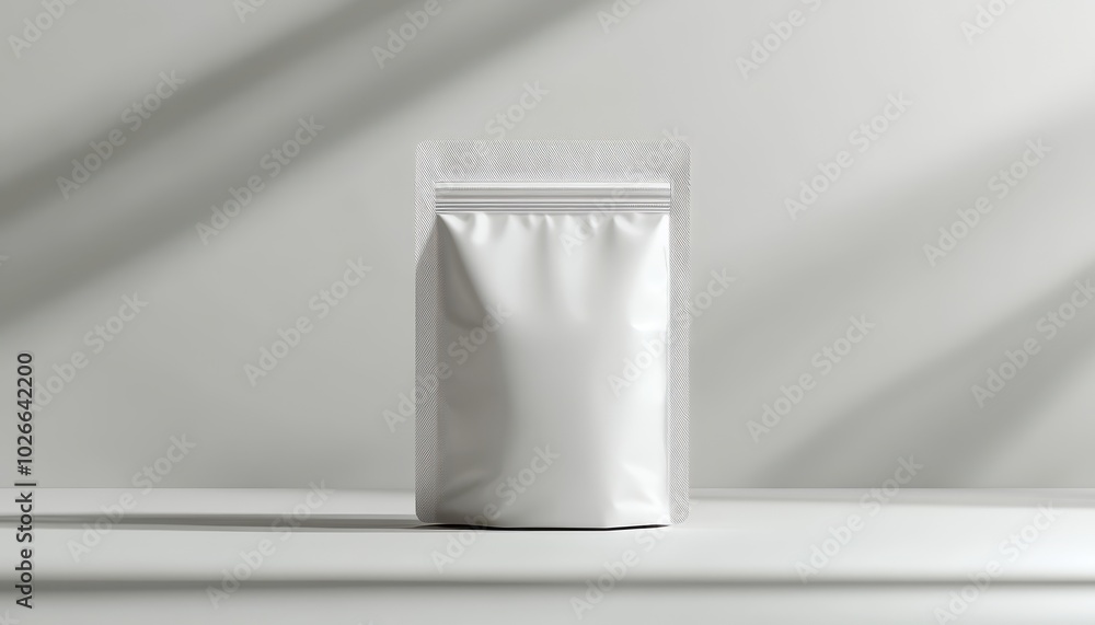 Crisp and inviting snack bag mockup on a minimalist surface with soft shadows Crisp and inviting snack bag mockup on a minimalist surface with soft shadows