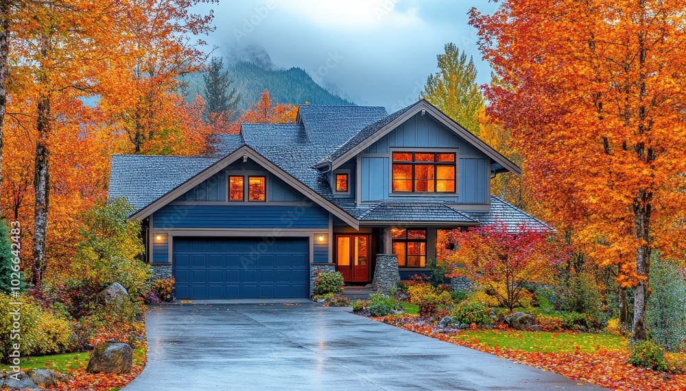 Enjoying autumn foliage at a cozy home with vibrant fall colors in the forest Enjoying autumn foliage at a cozy home with vibrant fall colors in the forest