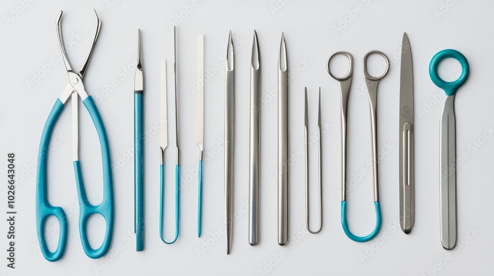 Surgical Instruments in a Row: Precision, sharpness, and sterile gleam define this composition of surgical tools, arranged in a meticulous row. The blue accents add a splash of color. Surgical Instruments in a Row: Precision, sharpness, and sterile gleam define this composition of surgical tools, arranged in a meticulous row. The blue accents add a splash of color.