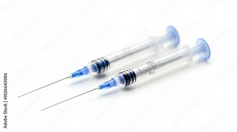 Two sterile disposable syringes, ready for use, lie on a surface. Clean and precise, the image conveys medical preparedness and attention to detail. Two sterile disposable syringes, ready for use, lie on a surface. Clean and precise, the image conveys medical preparedness and attention to detail.