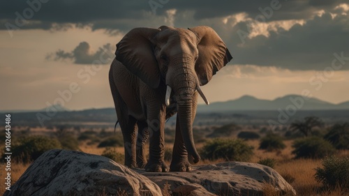 An African elephant stands on a large rock with its trunk raised and ears fanned out, facing the camera in a wide savanna landscape. photo