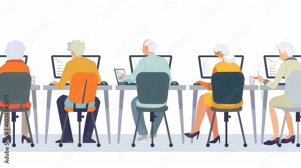 A group of elderly individuals actively learning computer skills, using laptops and desktops in a community classroom setting. Generative AI A group of elderly individuals actively learning computer skills, using laptops and desktops in a community classroom setting. Generative AI