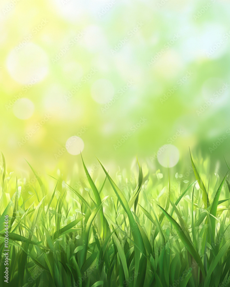 Fototapeta premium Lush green grass with dew, under a bright, soft-focus sky with light flares