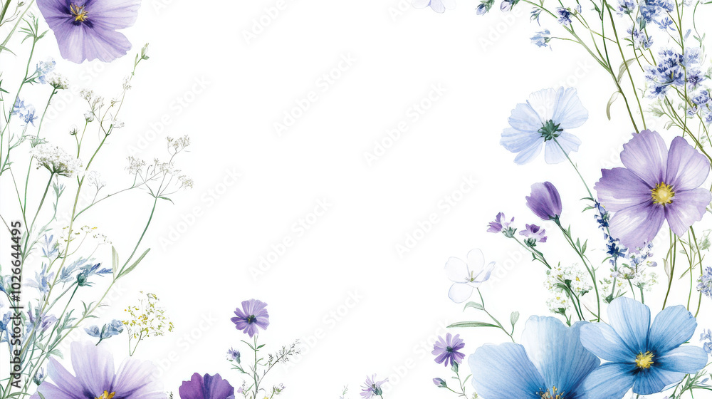 Floral border with blue and purple flowers on a white background, with space for text in the center. Perfect for spring-themed designs Floral border with blue and purple flowers on a white background, with space for text in the center. Perfect for spring-themed designs