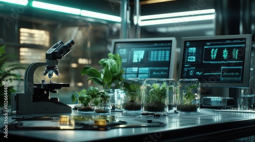 A modern laboratory with a microscope, computer screens, and plants in glass jars.