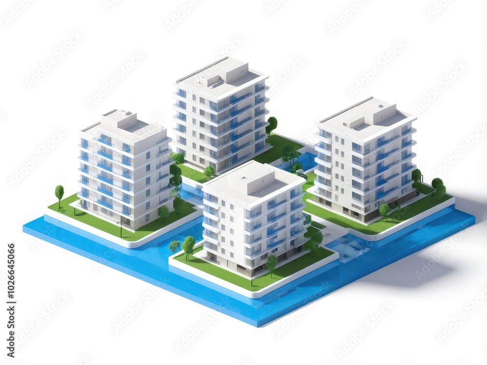 A 3D rendering of modern apartment buildings on a landscaped island with water features. A 3D rendering of modern apartment buildings on a landscaped island with water features.