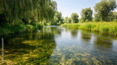 Serene Riverbank Oasis, vibrant greenery, gently swaying willows, tranquil water, peaceful nature retreat, perfect for relaxation and contemplation, idyllic riverside setting.