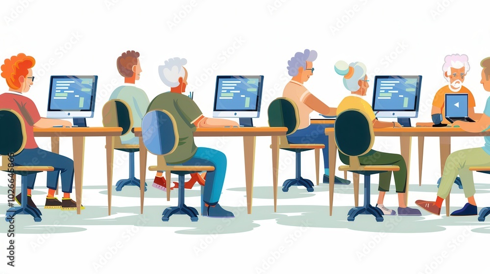 A group of elderly people is focused on learning computer skills, using laptops and desktops during their course sessions. Generative AI A group of elderly people is focused on learning computer skills, using laptops and desktops during their course sessions. Generative AI
