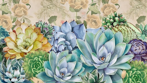 Succulent botanical flowers. Watercolor illustration set. Seamless background pattern. Fabric wallpaper print texture.