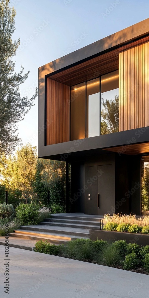 Modern luxury minimalist cubic house, villa with wooden cladding and black panel walls and landscaping design front yard. Residential architecture exterior.Modern luxury minimalist cubic house, villa Modern luxury minimalist cubic house, villa with wooden cladding and black panel walls and landscaping design front yard. Residential architecture exterior.Modern luxury minimalist cubic house, villa