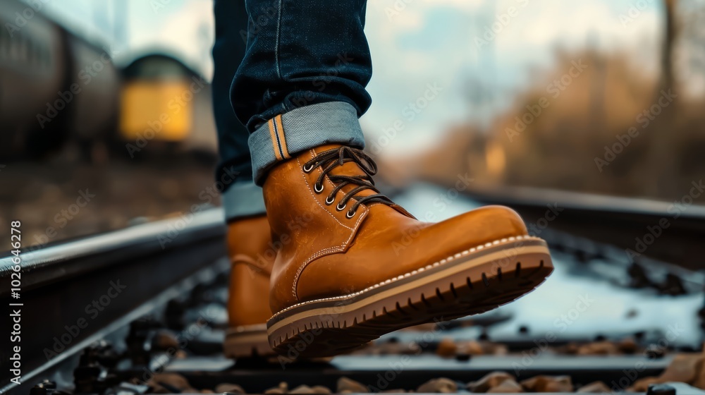 A dynamic close-up of a person's leather boots stepping across the railroad tracks, the perspective emphasizing the parallel lines of the rails disappearing into the distance. A dynamic close-up of a person's leather boots stepping across the railroad tracks, the perspective emphasizing the parallel lines of the rails disappearing into the distance.