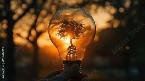 A single light bulb with a small tree silhouette inside held against a sunset sky. photo