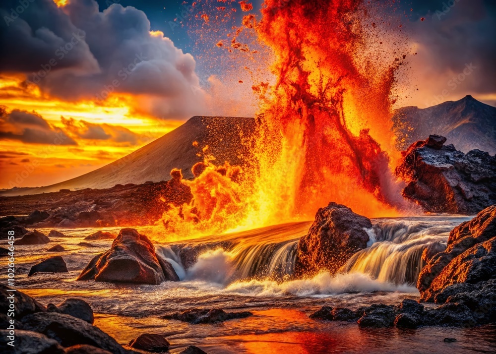Fototapeta premium Fiery Liquid Explosion Against Molten Lava Background - Volcanic Energy Photography