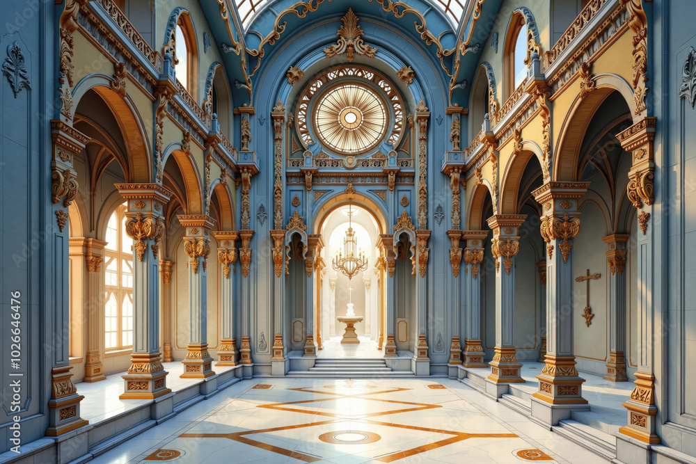 Sunlight illuminating elegant palace interior with ornate details Sunlight illuminating elegant palace interior with ornate details