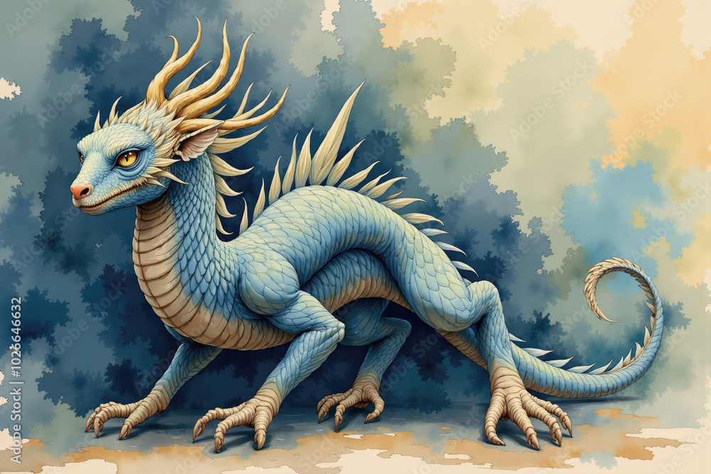 Obraz premium Blue and gold dragon posing on cloudy background