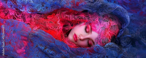 A magical, ethereal image of a person enveloped in lace fabric, the intricate lace patterns glowing in a mixture of vibrant red and blue hues, giving the scene a dreamy, surreal feel. photo