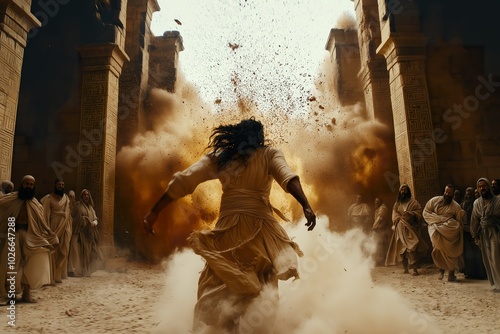 Samson brings down the pillars of the temple in ancient times, showcasing immense physical strength photo