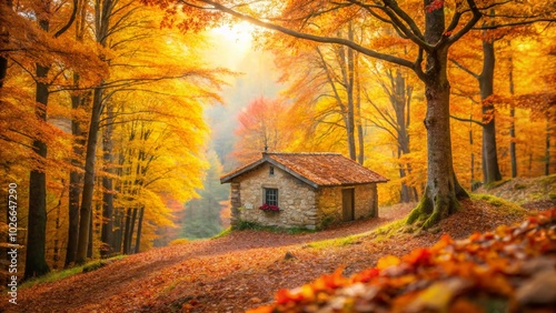 Enchanting Autumn View of a Little House in the Beech Forest of Campo dell'Osso, Monte Livata, Italy - Bokeh Effect Capturing Nature's Splendor photo