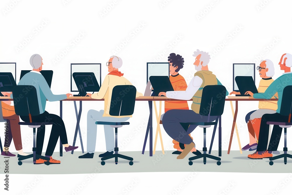 A group of elderly individuals engages in a computer course, enhancing their digital skills at a community learning center. Generative AI A group of elderly individuals engages in a computer course, enhancing their digital skills at a community learning center. Generative AI