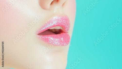 A side view close-up of a woman's open mouth, with liquid glistening on her tongue, against a pastel blue background, capturing the contrast between the smooth liquid and her soft lips.