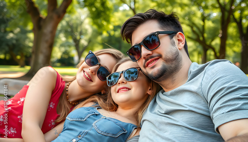 Family with dauhter in sunglasses rest in park isolated with white highlights, png