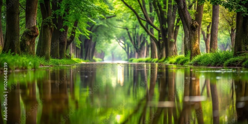 Fototapeta premium Flooded Forest Path in Natural Park After Heavy Rainfall - Minimalist Photography