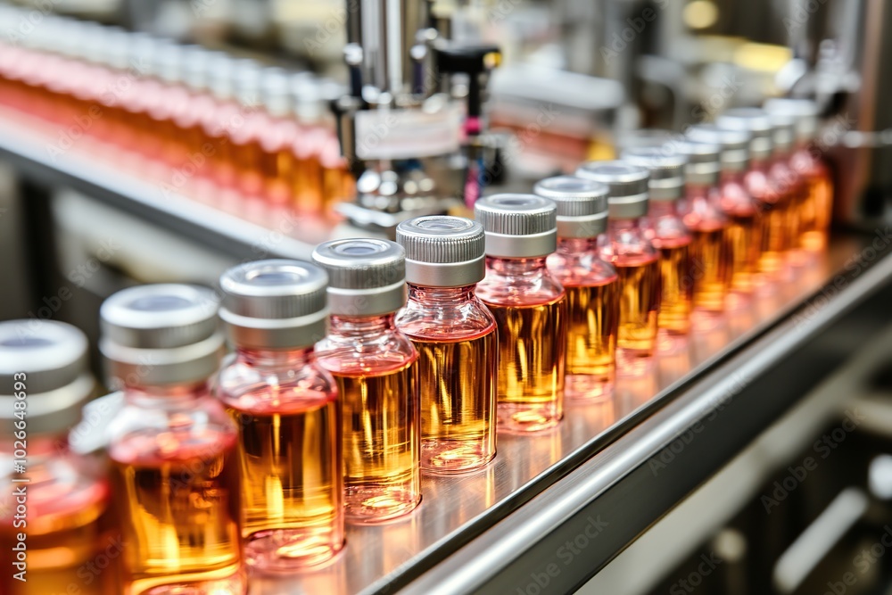 Conveyor line machine with glass ampoules at pharmaceutical factory Conveyor line machine with glass ampoules at pharmaceutical factory