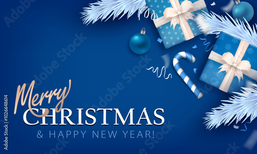 Merry Christmas and Happy New Year greeting card or banner with 3d festive decorations - gift boxes, candy canes, silver confetti, baubles and icy fir branches (Xmas tree) as frame on blue background