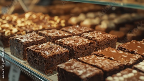 Crunchy brownie in showcase with the baker's passion and skill in every detail. photo