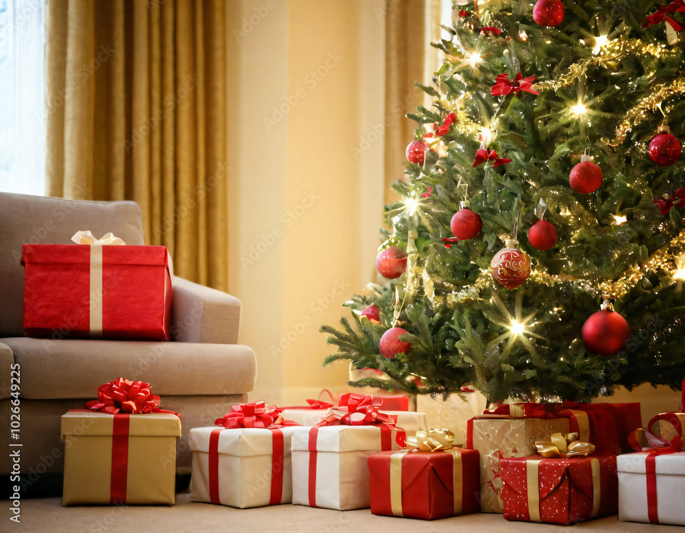 .Bright Christmas tree with gifts under it. .Bright Christmas tree with gifts under it.