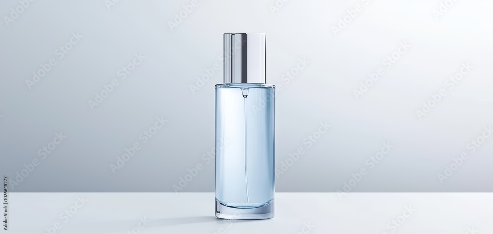 Facial toner bottle with a translucent body and clear liquid inside, the cap slightly removed, centered on a white surface Facial toner bottle with a translucent body and clear liquid inside, the cap slightly removed, centered on a white surface