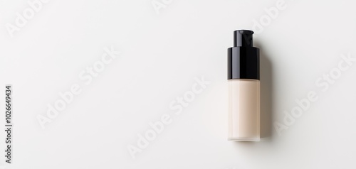 Foundation bottle with a sleek pump dispenser, displaying a natural beige shade, centered on white