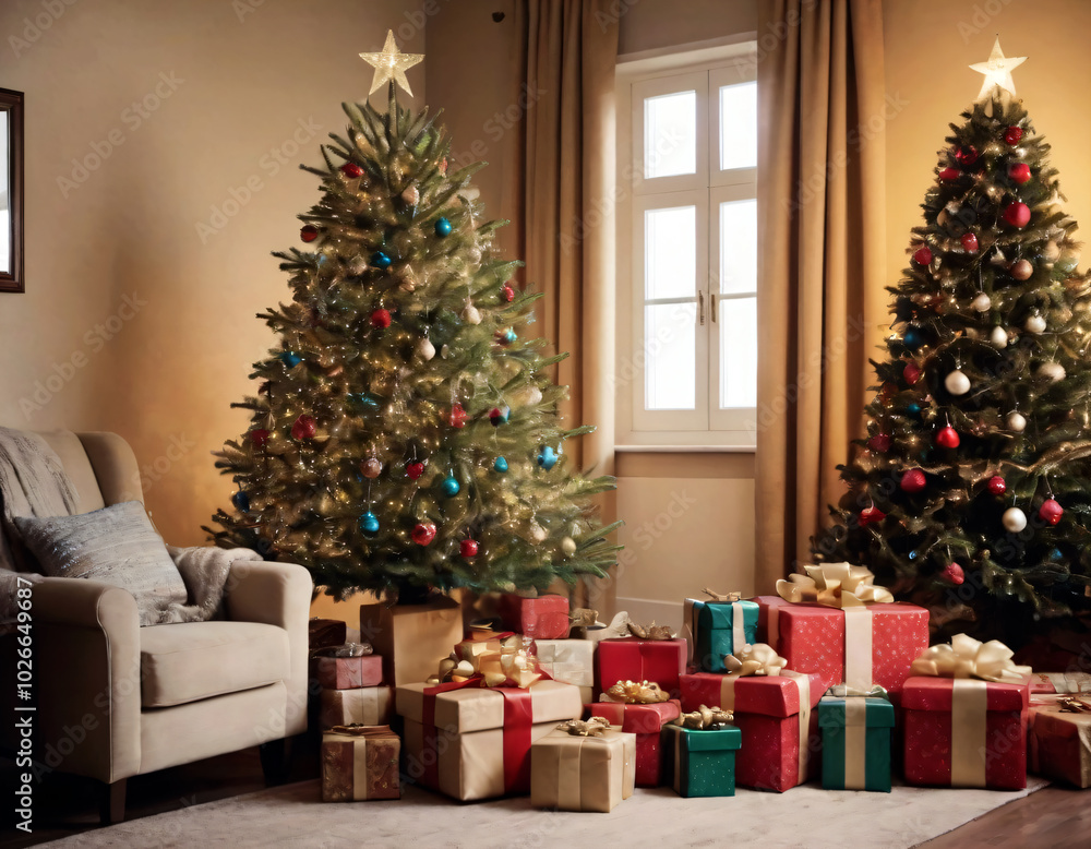 .Bright Christmas tree with gifts under it. .Bright Christmas tree with gifts under it.