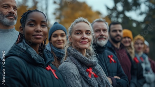 A diverse group of people standing together in a park, each wearing a red AIDS ribbon on their clothing