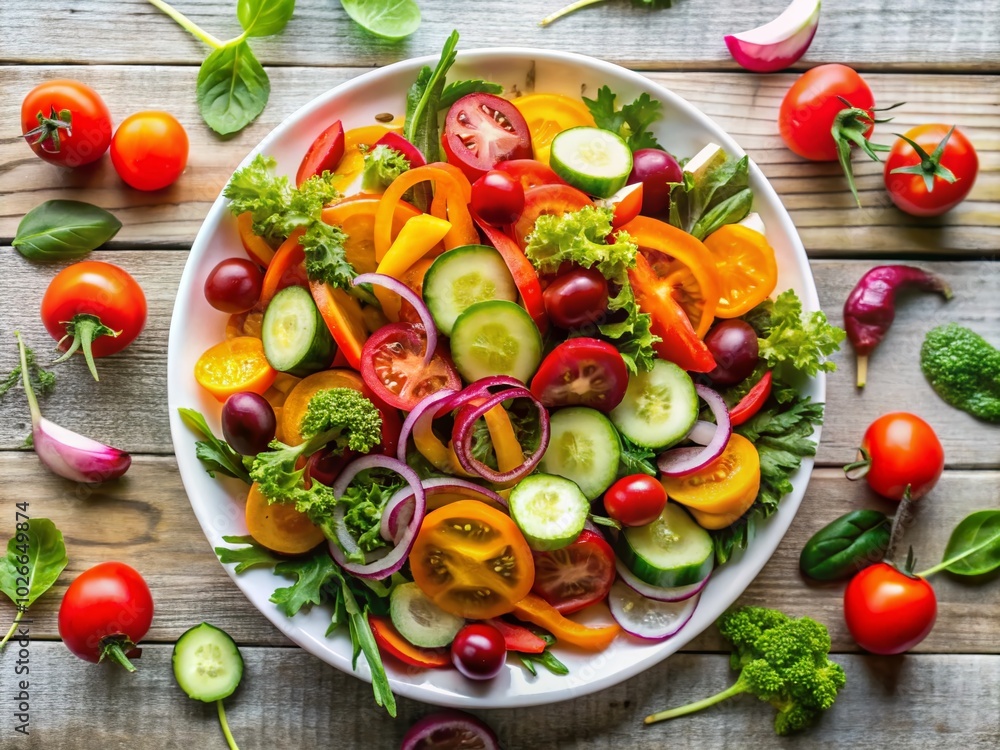 Fresh and Colorful Vegetable Salad on White Wooden Background - Healthy Eating Concept Fresh and Colorful Vegetable Salad on White Wooden Background - Healthy Eating Concept