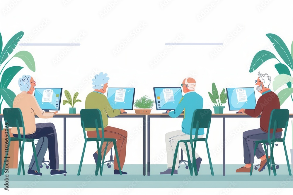 A group of elderly students is focused on laptops and desktop computers, learning essential digital skills in a supportive environment. Generative AI A group of elderly students is focused on laptops and desktop computers, learning essential digital skills in a supportive environment. Generative AI